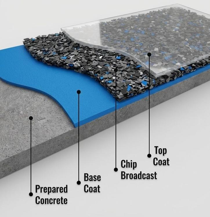 Diagram of epoxy flooring system layers: prepared concrete, base coat, chip broadcast, and top coat